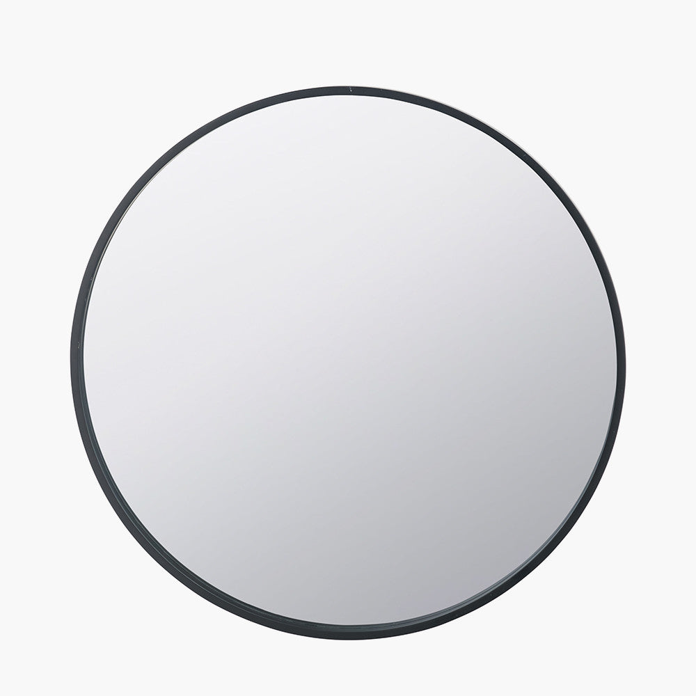 Black Wood Veneer and Mirrored Glass Round Wall Mirror